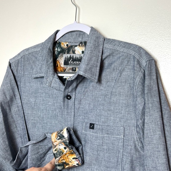 PLADRA Mens Cascade Flannel Button Down Shirt Flip Cuff Wolf Print Size M - Picture 1 of 6